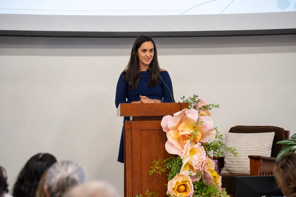 Nadia Farjood speaking at Tony Hicks’ Celebration of Life.