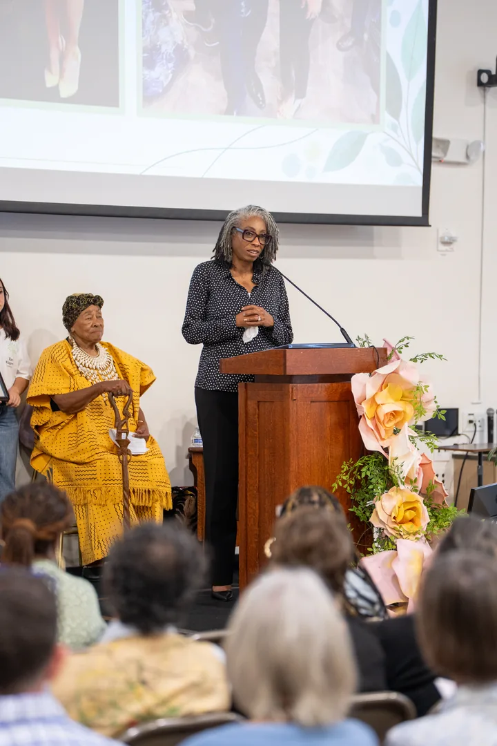 Supervisor Monica Montgomery Steppe speaking at Tony Hicks’ Celebration of Life.